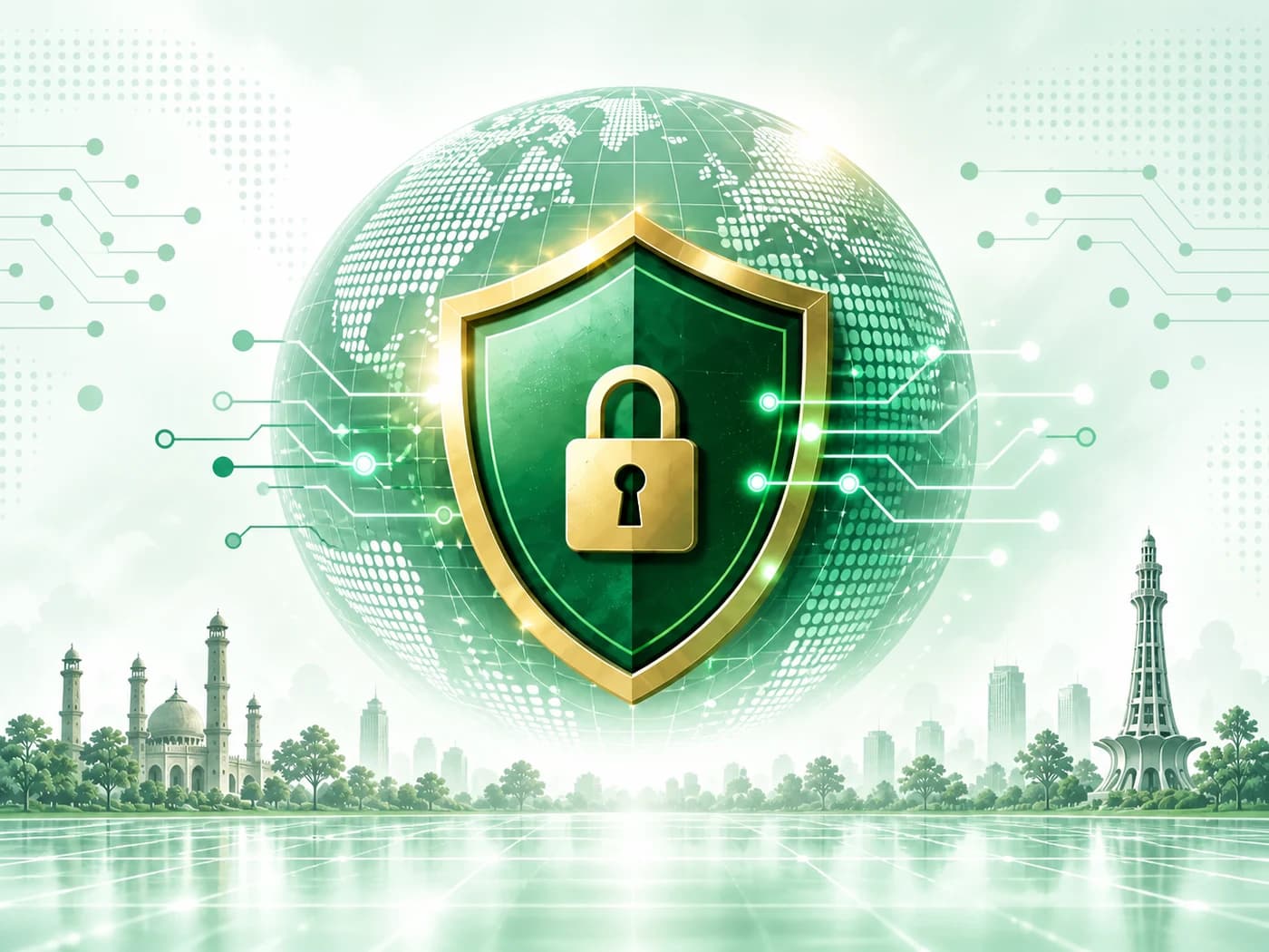 Emerald security shield and digital globe